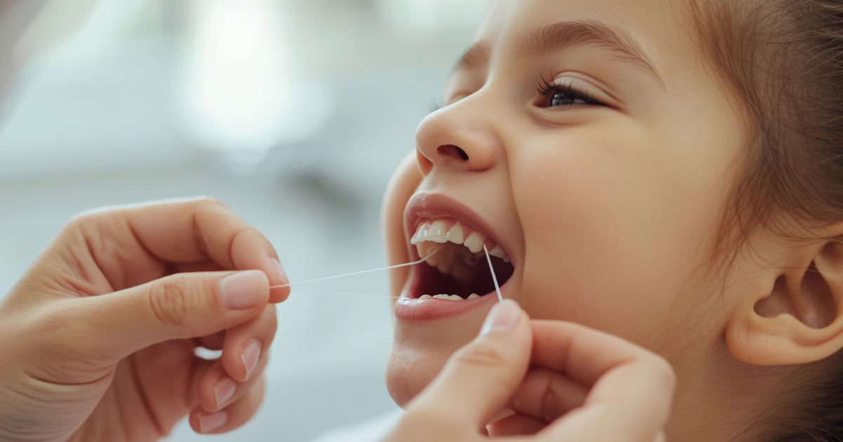 Close-up of waxed floss sliding between two baby molars that touch