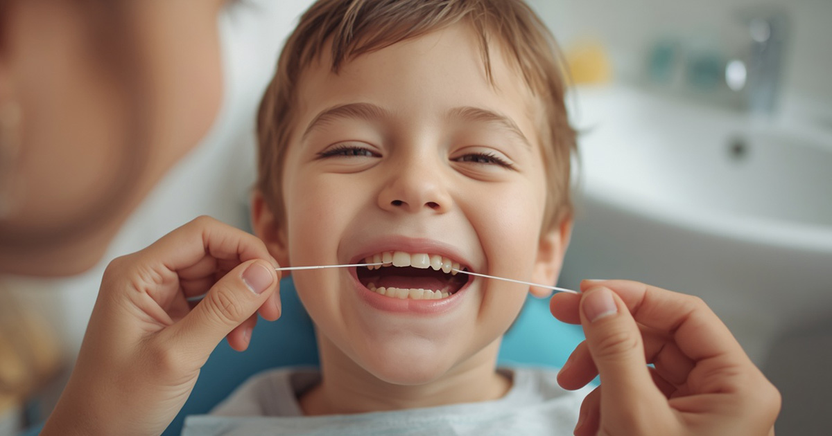 Parent gently flossing a child's back teeth with a floss holder, no snapping into the gums